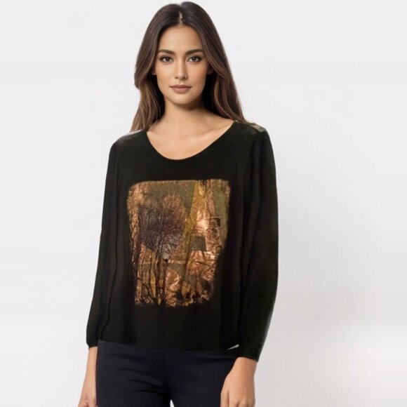 Graphic Jersey Top Black Gold Foil Image Long Sleeve Size Large - Picture 1 of 6